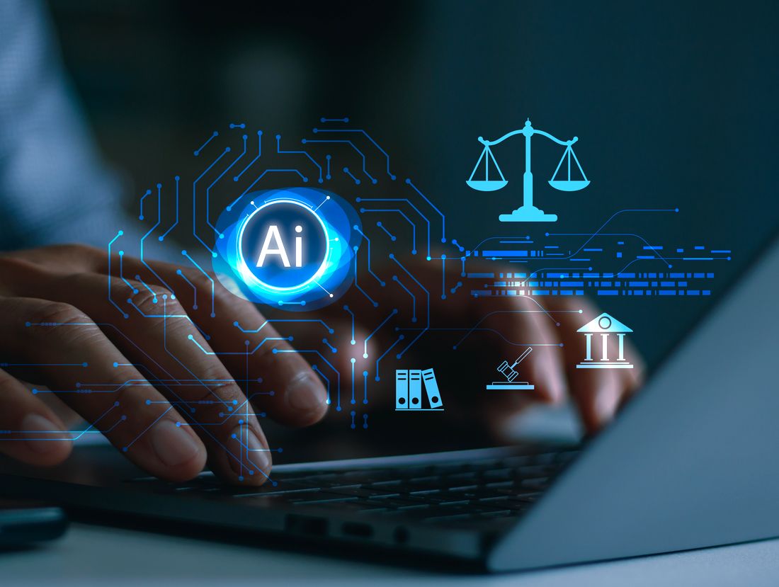 A compliance professional working at a laptop, with AI, legal and institutional icons overlaid.